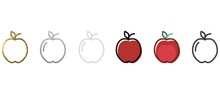 Apple In Different Styles. Icon. Contour Pattern. Available In Gold, Silver, White, Gray, Black. Linear Graphics. Doodles. Emblem, Badge, Silhouette. Vector.