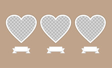 Three Frames Of Hearts With Ribbons For Inscriptions. Holiday Card, Banner, Poster Mockup On A Beige Background. Blank Template For Your Design. Photo Card Collage. Vector Illustration.