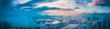 Aerial Panorama Landscapes Of Hong Kong City In Sunset