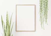 Wooden Frame Mockup In Simple Interior With Trendy Green Snake Plant And String Of Pearls On White Background. 3D Rendering, Illustration