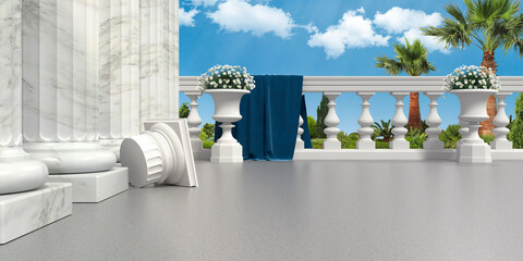 Antique elements of architecture on the background of the sky. There is a capital on the stone floor, a blue drapery hangs on the balustrade, and flowerpots with flowers are next to it. 3d rendering.