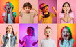 © master1305 - Collage of portraits of little cute kids, boys and girls isolated on multicolored studio background in neon light. Emotions, facial expression, childhood concept