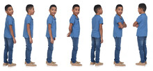 Side And Rear View Of Same Boy Various Poses On White Background