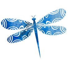 Dragonfly Blue Watercolor Silhouette Isolated, Vector