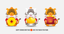 Happy Chinese New Year 2022 Cute Little Tiger Holding Coins, Money, Bag Gold Ingots Year Of The Tiger Zodiac, Greeting Card Gong Xi Fa Cai, Cartoon Isolated Vector Illustration, Translation New Year