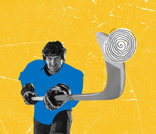 Contemporary Art Collage. Professional Sportsman, Hockey Player Hitting Puck With Stick Isolated Over Yellow Background