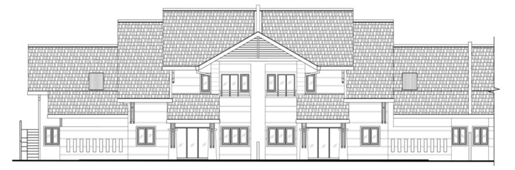 Single storey terrace house elevation in 2D black and white CAD drawing. Modern tropical design with pitch roof. 