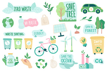 Aufkleber - Ecology and zero waste isolated objects set. Collection of eco friendly quotes, green renewable energy, waste sorting, transport and industry. Illustration of design elements in flat cartoon