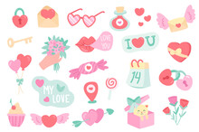 Valentines Day Isolated Objects Set. Collection Of Heart Lock, Key, Letter, Glasses, Love Potion, Rose Flowers, Kiss, Balloon, Calendar, Gift. Illustration Of Design Elements In Flat Cartoon