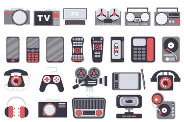 Aufkleber - Gadgets isolated elements set. Collection of photo camera, tv, computer, tape recorder, radio, smartphone and other. Electronic device shop compositions. Illustration in flat cartoon design