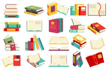 Poster - Reading book set in flat cartoon design. Stacks of books or textbook, open pages with bookmarks, literature of different genres. Library or bookstore collection isolated elements. Illustration