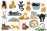 Fototapeta Pokój dzieciecy - Cute cats isolated elements set. Bundle of kittens lying, sitting, sleeping, playing, expression of emotions and scenes of domestic animals. Creator kit for illustration in flat cartoon design