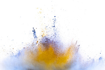 Wall Mural - Explosion of colored, fluid and neoned powder on white studio background with copyspace
