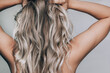 © Марина Демешко - Close-up of a young tanned blonde woman standing with her back with the wavy hair isolated on a gray background. Result of coloring, highlighting, perming. Beauty and fashion