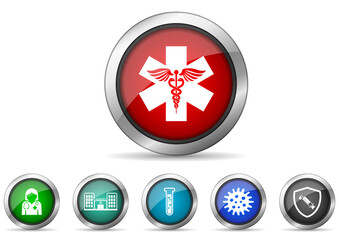 Aufkleber - Pandemic, medicine, coronavirus icon set, health and medicine concept silver metallic glossy web buttons
