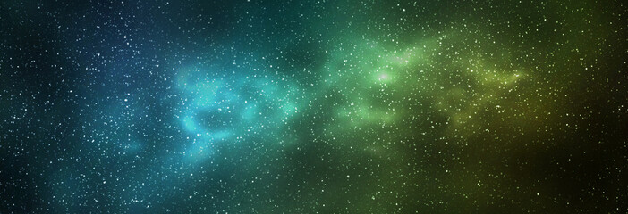 Wall Mural - Night starry sky and bright yellow green galaxy, horizontal background banner