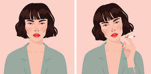 Beautiful Girl Woman With A Cigarette.flat Illustration.
