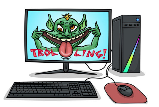 An Internet troll makes a face on the monitor screen.