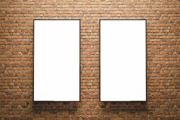 3d render. mockup of two vertical blank advertising posters or screens on bricks wall. easy to edit