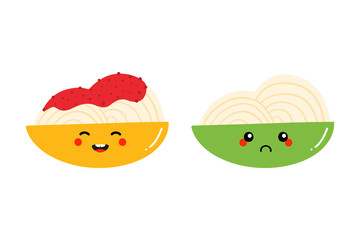 Wall Mural - Set, collection of spaghetti dish with tomato sauce characters for food design. Happy and sad spaghetti dish characters.