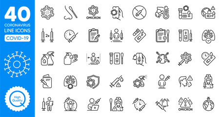 Coronavirus Covid line icons set. Coronavirus protection, Pneumonia virus and Omicron covid test. Medical mask, washing hands, swab pcr test. Stay home, vaccine booster, antiseptic sanitizer. Vector