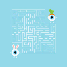 Easter Eyeball Kids Maze Game. Help Cut Eye Ball Boy With Bunny Rabbit Ears Costume To Find Right Way To His Friend In Carrot Cap In Labyrinth. Vector Flat Design Puzzle Illustration In Cartoon Style.