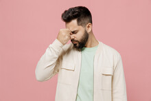Young Sick Exhausted Tired Ill Caucasian Man 20s In Trendy Jacket Shirt Keep Eyes Closed Rub Put Hand On Nose Isolated On Plain Pastel Light Pink Background Studio Portrait. People Lifestyle Concept.