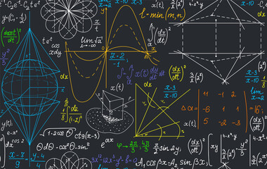 Wall Mural - Multicolored vector seamless pattern with handwritten geometry and algebra formulas