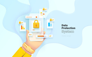 Fototapete - User data protection. The hand is holding the phone. Mobile application for data analysis and accounting. File management. Electronic document management. Vector illustration 3d style