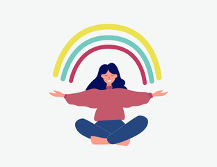 Happy woman sits in lotus pose and open. Smiled girl creates good vibe around her. Smiling female character enjoys her freedom and life. Body positive and health care concept