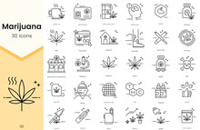 Simple Outline Set Of Marijuana Icons. Thin Line Collection Contains Such Icons As Marijuana Tea, Medical Marijuana, Medical Marijuana Card, Multiple Sclerosis And More