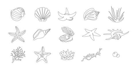 Poster - Set of seashells and starfishes. Continuous one line drawing of oyster mollusk with pearl corral and snail shells in simple linear style. Modern minimalist outline icon. Doodle Vector illustration
