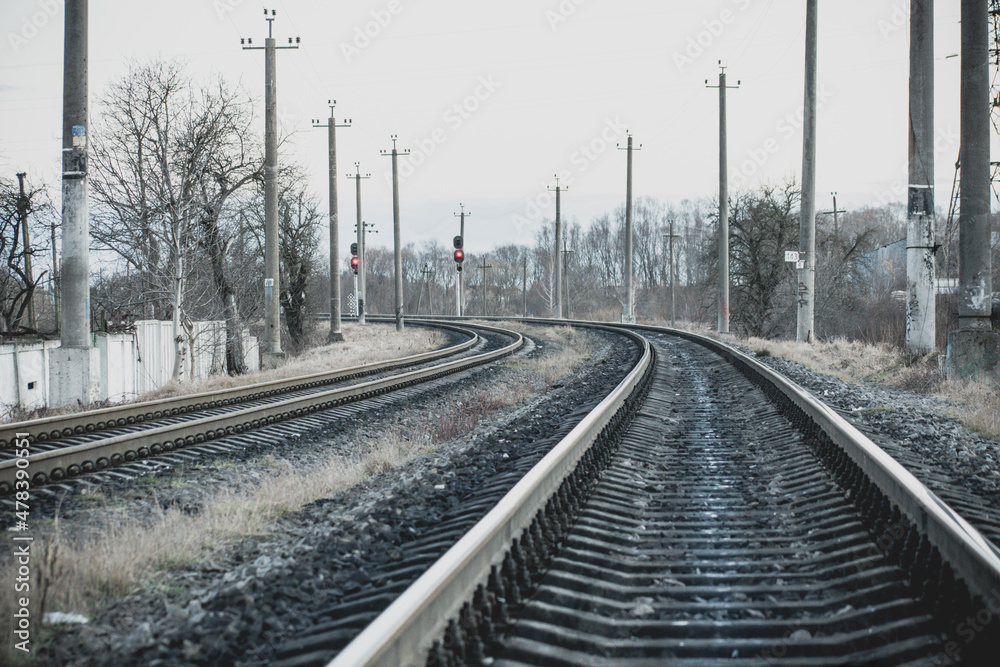 Rail Rench Rail branching. Railway close up. Rails for high-speed trains. Railway ...
