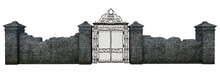 Old Black Iron Closed Gate In The Middle Of A Grey Stone Wall. 3D Illustration Isolated On White.