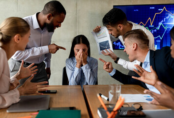Poster - Workplace Mobbing. Asian Female Suffering Bullying From Colleagues In Office