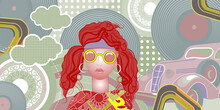 Modern Collage In Pop Art Style. Girl With Long Hair In A Bandana And Glasses,flying Vinyl Records, Retro Car And Other Items. Vector Illustration