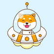 shiba inu dog astronaut ride ufo ship cartoon design template vector illustration