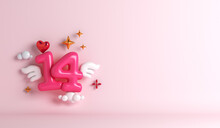 Happy Valentines Day Background With 14 Number Wing, Copy Space Text, 3D Rendering Illustration