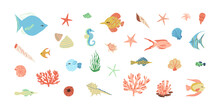 Underwater Creatures, Sea, Ocean Fish Set. An Angelfish And A Pufferfish, A Sea Star, Shells, A Coral Reef, A Seahorse. 