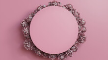 Circle Floral Frame With Peony Border. Pink, Mother's Day Or Valentine Concept With Copy Space.
