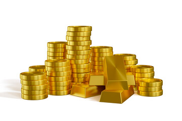 Stack of gold coins and gold bar isolated on white background, 3D rendering.