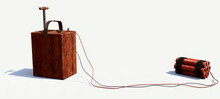 Antique Wooden Dynamite Detonator Wired Into Dynamite Explosives. 3D Illustration Of Ancient Dynamite Detonator Device.