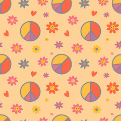 Wall Mural - vector seamless pattern in retro hippie style with flowers, hearts and peace signs. pattern in flat style