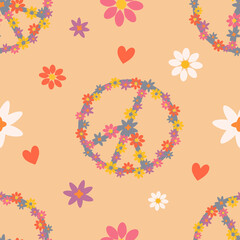 Wall Mural - vector seamless pattern in retro hippie style with flowers, hearts and peace signs. pattern in flat style