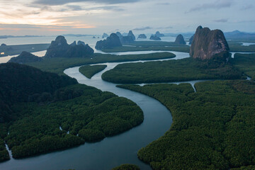 Wall Mural - aerial drone footage flying over mangroves and lush rainforest in phangnga bay thailand the view is 