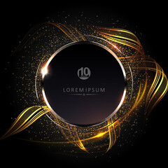 Wall Mural - Black illustration, round frame with shiny border and mosaic, golden wave patterns.
