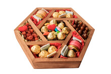 Wooden Gift Box With Dried Fruits, Dried Cranberries, Dates, Chocolates, A Truffle In A Golden Wrapper, Glass Jars With Honey And Various Sweets As A Gift For A Holiday Or An Important Event. 