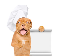 Poster - Happy mastiff puppy wearing chef's hat shows empty list. isolated on white background