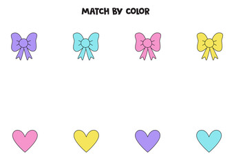 Wall Mural - Color matching game for preschool kids. Match cute hearts and bows by colors.