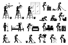 Woman Cleaning Tidying Housekeeping House. Vector Illustrations Depict Girl Cleaning And Wiping Ceiling Fan, Light, Window, Furniture, Washing Toilet, Sweeping, Vacuum, Mopping Floor, And Laundry.